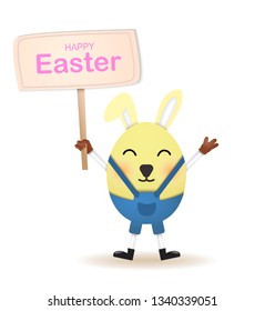 Little egg with rabbit ears holds the board with Happy Easter greetings. Isolated