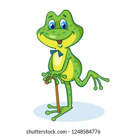 A little elegant frog stands leaning on walking stick. In cartoon style. Isolated on white background. Vector illustration.