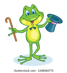 A little elegant frog with walking stick and cylinder in his hands. In cartoon style. Isolated on white background. Vector illustration.