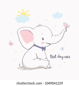 Little elephant with butterfly. Vector illustration for kids. Use for t shirt template, surface design, fashion wear, baby shower