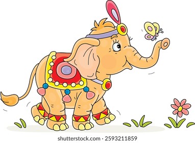 Little elephant with colorful festive decorations walking on green grass and playing with small butterfly fluttering around, vector cartoon illustration on a white background