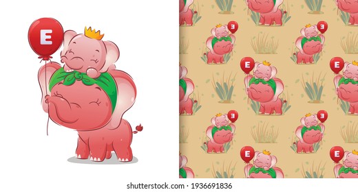 The little elephant with the crown sitting on her mother's head and holding the balloons of illustration