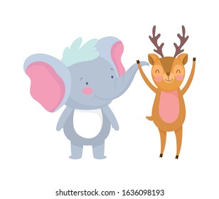 little elephant and deer cartoon character on white background vector illustration
