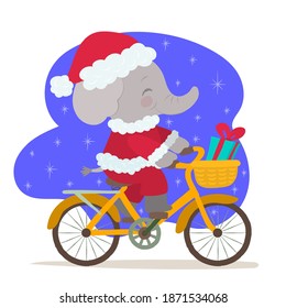 Little elephant dressed as santa claus riding a bicycle with christmas gifts