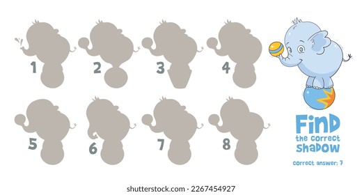 Little Elephant. Find the correct shadow. Find 2 same objects. Educational game for children. Choose correct answer. Colorful cartoon characters. Funny vector illustration. Isolated white background