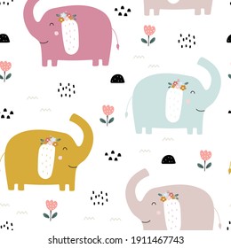 The Little Elephant In Flower Garden Seamless Pattern Cute Animal Cartoon Background Hand Drawn Design In Kid Style, Use For Print, Wallpaper, Decoration, Fabric, Textiles. Vector Illustration