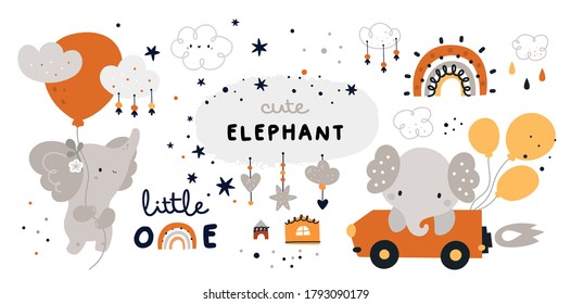 Little elephant is flying with balloon Childish collection with cute baby animals characters. Vector cartoon doodle design elements for kids design: rainbow, houses, clouds