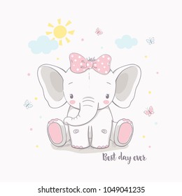 Little elephant girl. Vector illustration for kids. Use for t shirt template, surface design, fashion wear, baby shower