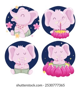 little elephant is going to float a krathong. In the Loy Krathong Festival. Vector illustration.