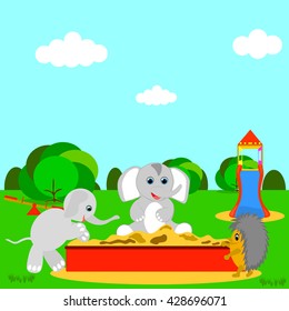 little elephant and hedgehog playing in a sandbox in a park