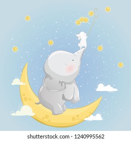 Little Elephant Helping the Bunny to Catch the Stars