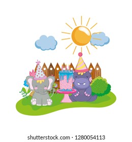 little elephant and hippo with party hats