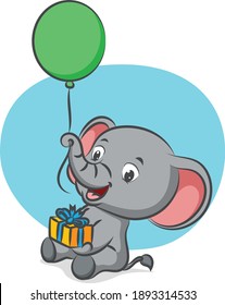 The little elephant is holding the balloon with his trunk and holding the gift of illustration