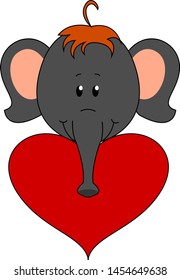 Little elephant holding a heart, illustration, vector on white background.