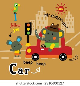 little elephant on the car funny cartoon