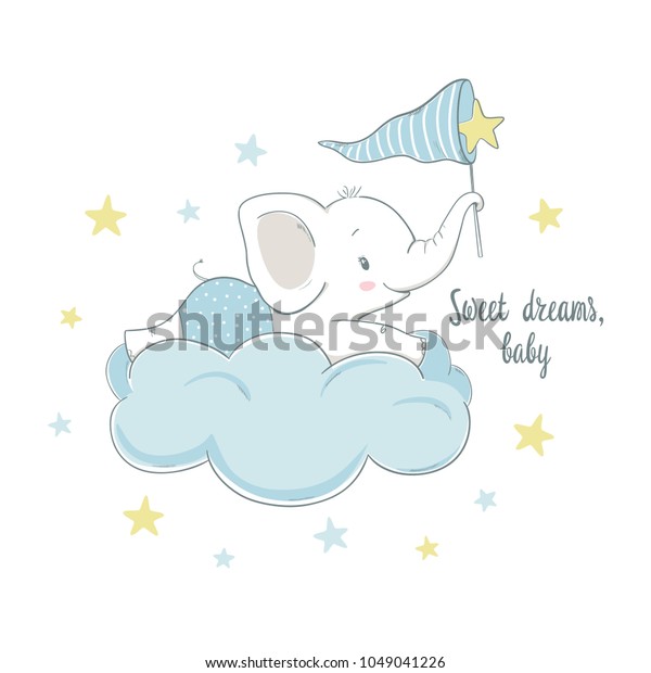 Little elephant on the cloud. Cartoon vector\
illustration for kids. Use for t shirt template, surface design,\
fashion wear, baby\
shower