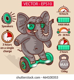 Little elephant on gyroscooter (hoverboard). Vector illustration