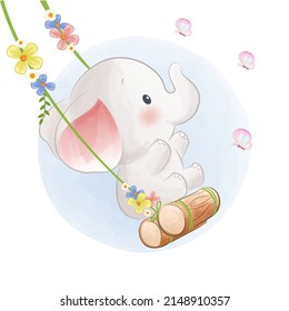 Little elephant on a swing watercolor illustration