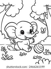 Little elephant playing ball. Coloring book