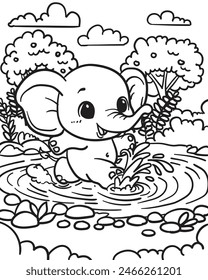 Little elephant playing puddle. Coloring book