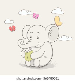Little elephant read a book .Vector childish design for kid t-shirts,dress or greeting cards or illustration