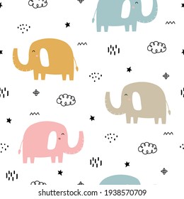 Little Elephant Seamless Pattern Cute Cartoon Animal Background Hand-drawn In Children's Style Used For Fabric, Textile, Print, Decorative Wallpaper. Vector Illustration