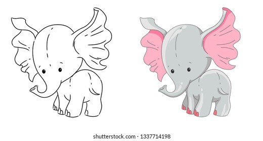 Little elephant set. Colorful and black and white vector