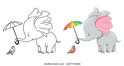 Little elephant set. Colorful and black and white vector