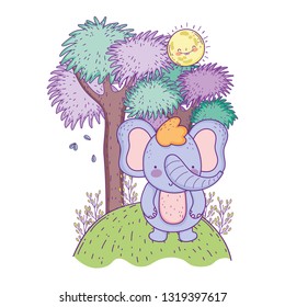 little elephant with sun kawaii in the landscape
