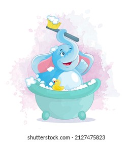 A little elephant takes a bubble bath. A happy cartoon-style character. Children's illustration.