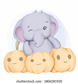 Little Elephant And Three Pumpkin Face