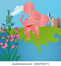 Little elephant walking on earth sees a beautiful flower. Vector illustration.