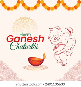  Un pequeño elefante con un vestido blanco al lado de Ganesha es una lámpara encendida con una vela. El texto superior dice Feliz Ganesh Chaturthi en inglés y devanagari.