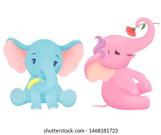 Little elephants boy and girl sit nearby and play