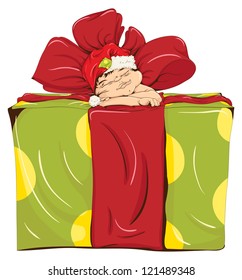 The little elf was asleep on a big gift box. Vector illustration.