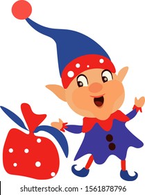 Little Elf with a bag of Christmas gifts.