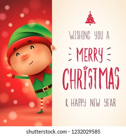 Little Elf with big signboard. Merry Christmas calligraphy lettering design. Creative typography for holiday greeting.