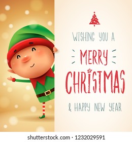 Little Elf with big signboard. Merry Christmas calligraphy lettering design. Creative typography for holiday greeting.