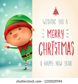 Little Elf with big signboard. Merry Christmas calligraphy lettering design. Creative typography for holiday greeting.