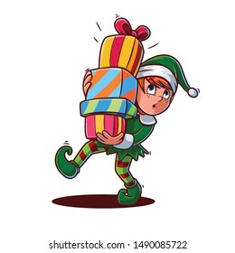 little elf brings gifts cartoon