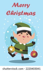 Little Elf with Christmas ball. Merry Christmas calligraphy lettering design. Creative typography for holiday greeting. New year card EPS