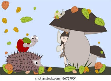 Little elf and cute hedgehog with apple.