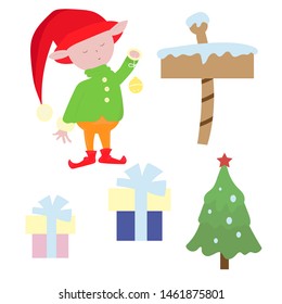 Little elf with gift present. Isolated.