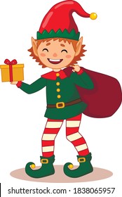 Little elf with gift present. Isolated.