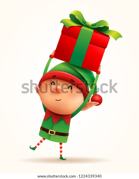 Little elf with gift\
present. Isolated.