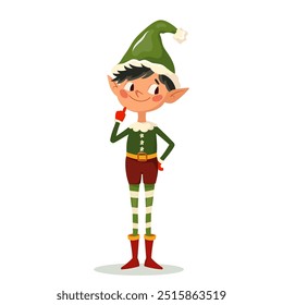 Little elf in green cap thought about prank. Santa Claus little helper fun character isolated on white background. Cartoon vector illustration for Christmas card, banner, sticker, post, print