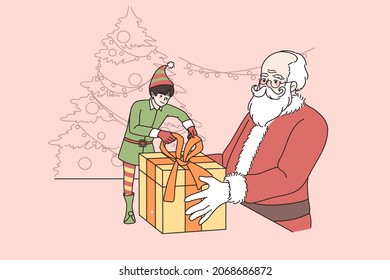 Little elf help smiling Santa Claus pack New Year presents for children. Small happy helper and father Christmas prepare gifts surprises for kids on winter holiday vacation. Vector illustration. 