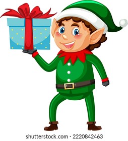 Little elf holding Christmas gift illustration