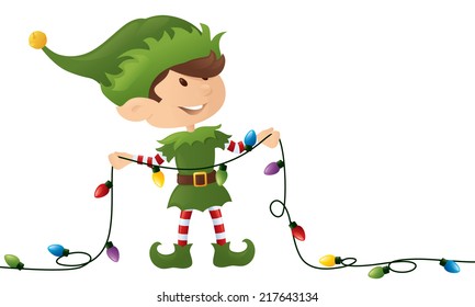 Little elf holding a string of Christmas lights.