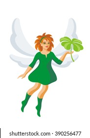 the little elf holds a leaf of a clover with four petals